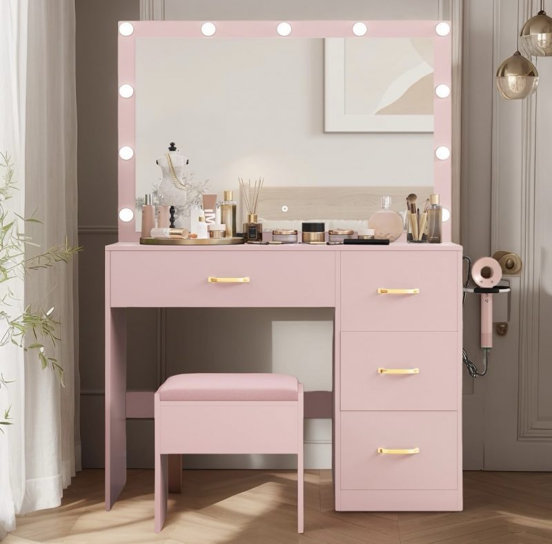 Pink Makeup Vanity Set with power Outlet