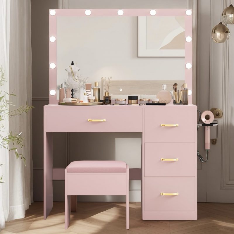 Pink Makeup Vanity Set with power Outlet