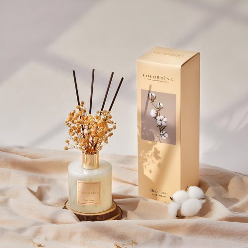Clean Linen reed diffuser by Cocorrina, a fragrant accessory for 7-tier shelves.