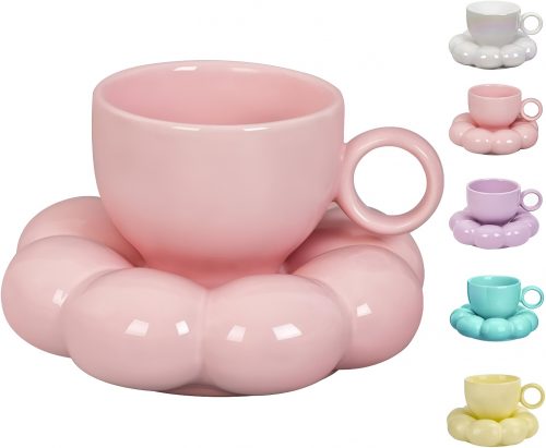 Colorful ceramic cups with unique saucers, perfect for adding a pop of color to 7-tier shelves.