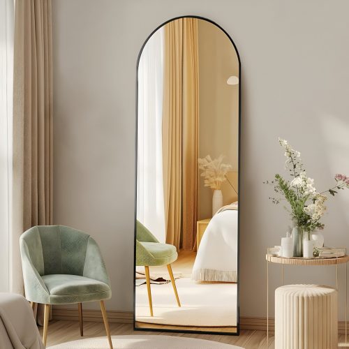 DUMOS arched full-length mirror in a bedroom with a green chair - elegant Amazon decor under $50 for any room.