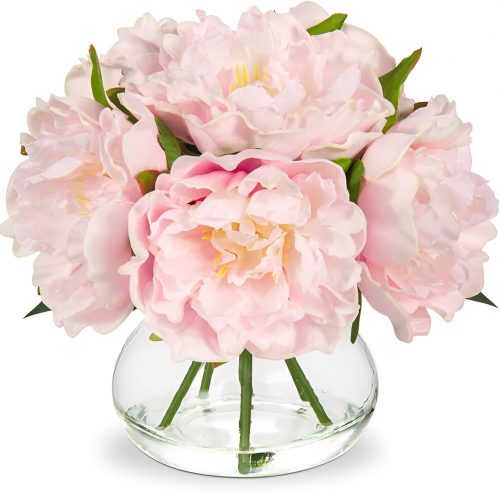 Glass vase with pink peonies, an elegant floral accent for 7-tier shelves.