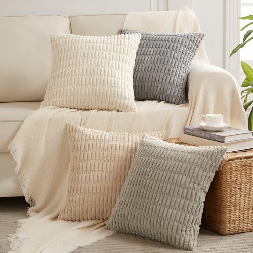Gray sofa with Fancy Homi corduroy throw pillow covers in neutral tones - cozy Amazon decor under $50 for any room.