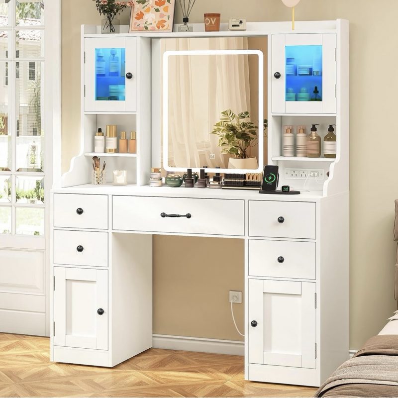 Vanity Desk with Lighted Mirror & Power Outlet