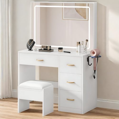 Modern white makeup vanity with large LED mirror, gold-handled drawers, and cushioned stool, featuring a 2025 Amazon glam vanity setup with jewelry display and beauty tools.