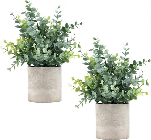 Set of two potted faux eucalyptus plants in concrete pots - affordable Amazon decor under $50 for any room.