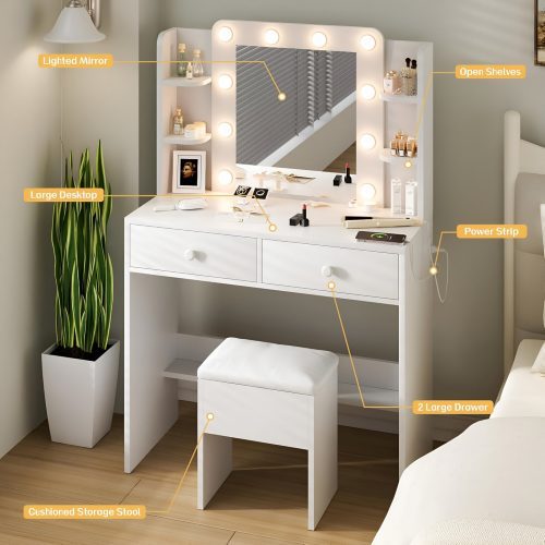 White makeup vanity with Hollywood-style lighted mirror, large desktop, two drawers, open shelves, power strip, and cushioned storage stool, showcasing a 2025 Amazon glam vanity setup.