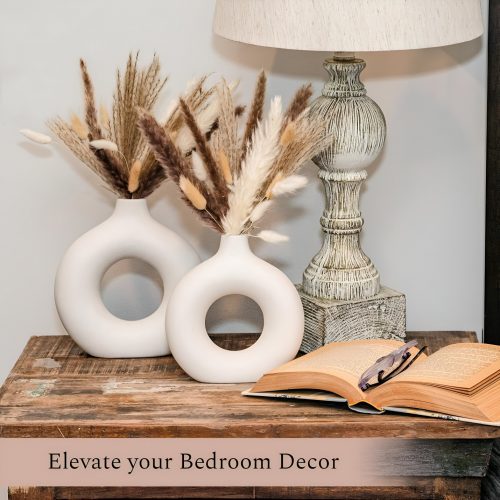 Wooden nightstand with vases and a lamp, inspiring decor ideas for 7-tier shelves.
