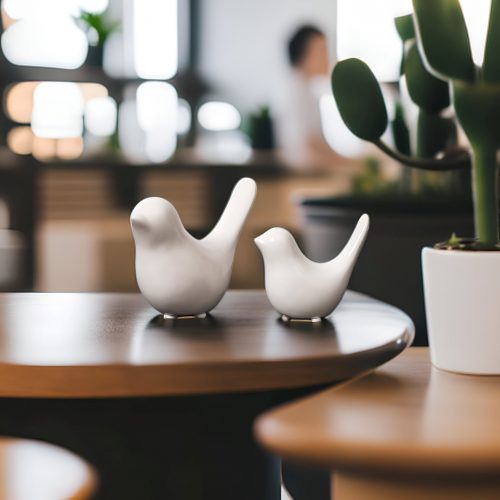 Wooden table with white bird figurines and a potted plant, perfect for styling 7-tier shelves.