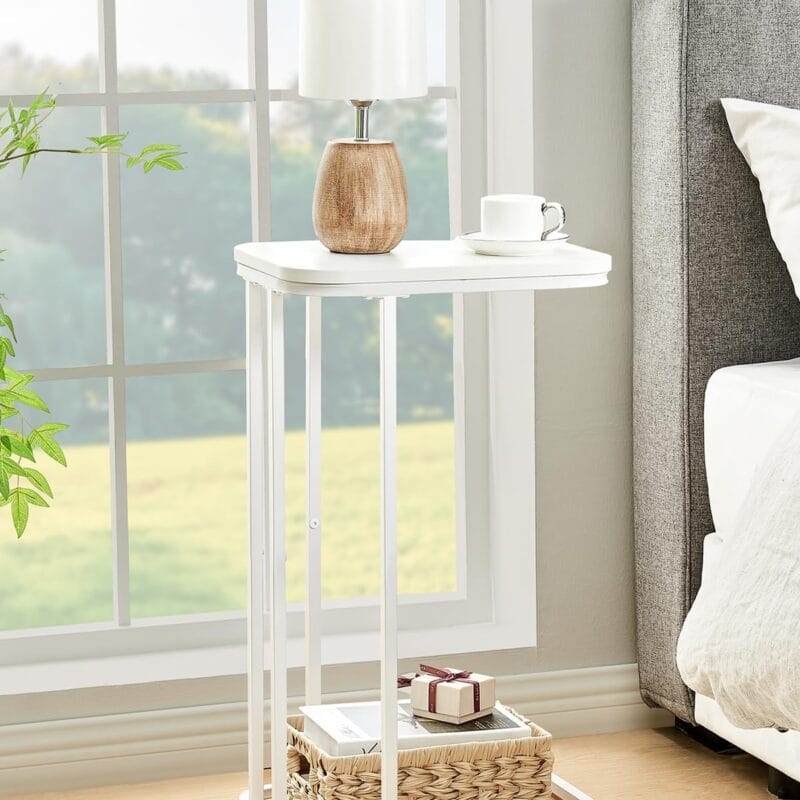 C Shaped End Table 27 Inches High Small Side Table for Sofa and Bed Couch Table That Slides Under