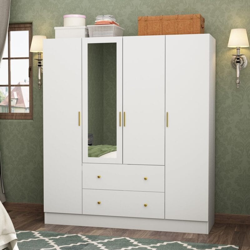 FAMAPY 4 Door Wardrobe Closet with Mirror Armoires and Wardrobes with Drawers and Shelves