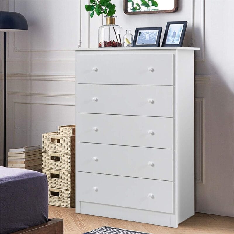 Giantex 5 Drawer Chest Storage Dresser Wooden Clothes Organizer Bedroom Hallway Entryway Furniture Large Storage Cabinet White