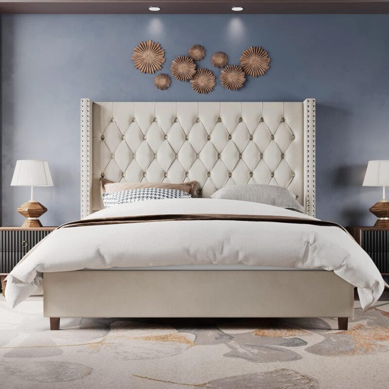 Jocisland Velvet Upholstered Bed Frame Queen Size 61.4 Tall Headboard Queen Bed FrameDeep Button TuftedNo Box Spring NeededCream