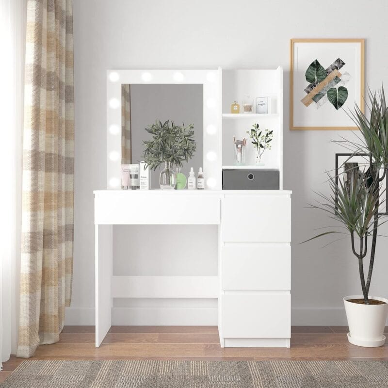 Vabches Makeup Vanity with Lights 37inch Vanity Desk 4 Large Drawers Dresser with Lighted Mirror 3 Lighting Modes Brightness Adjustable White